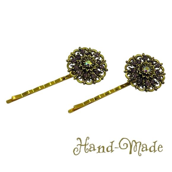 Handmade Purple Rhinestone Gold Set Hair Clips Whimsical HoCo Fairy Jewelry NWT - Picture 1 of 6